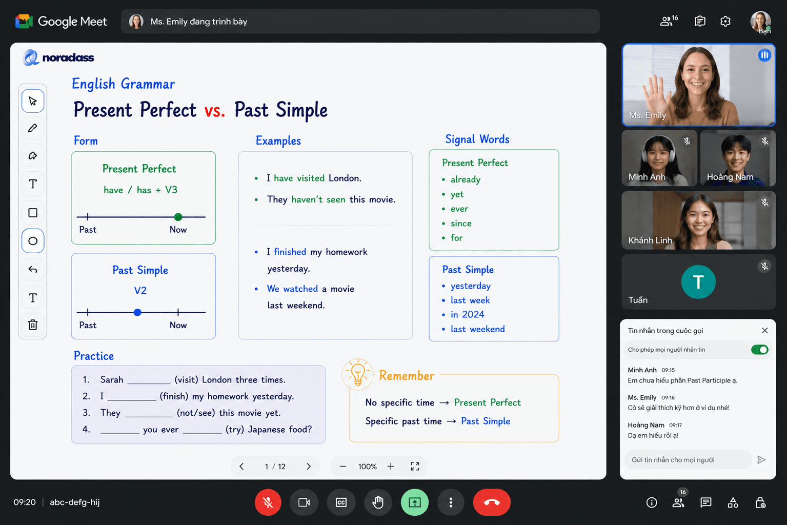 NoraClass whiteboard with Google Meet